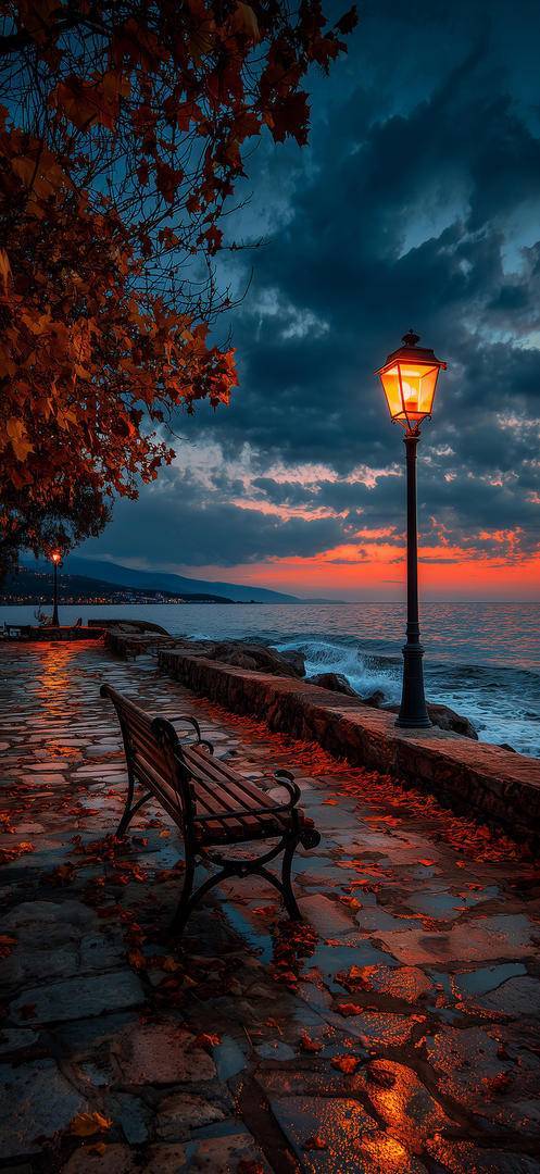 海边长椅落日余晖